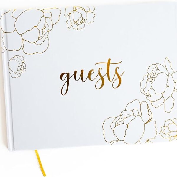 Brands Wedding Guest Book, Simple Flower Bloom Line Art, 9 x 7 60 Lined Guestbook Pages, Elegant Gold Foil Embossed Design with Gold Page Edges