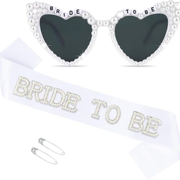 White Bride Sash & Heart Sunglasses Set Bachelorette Party Decorations Bridal Shower Engagement Party Decorations