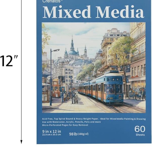 Crehatos Mixed Media Sketchbook 9" x 12" – Spiral Bound Sketch Pad, 60 Sheets (98lb/160gsm) Heavyweight Drawing Paper for Wet & Dry Media – 1 Pack