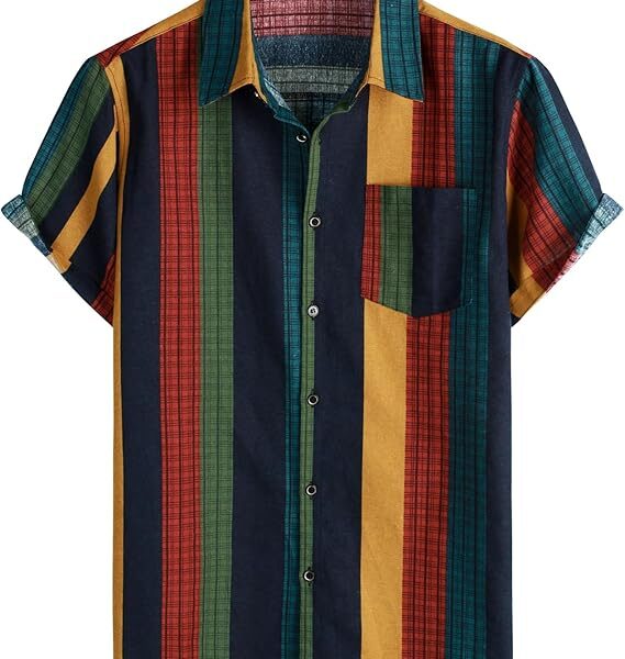 Men's Cotton Linen Vintage Pattern Printed Old Style Shirt Casual Short Sleeve Button Down Retro Shirts