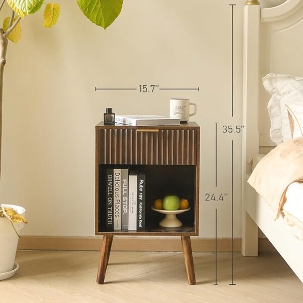Mid Century Modern Nightstand, Wood Bedside Table with Drawer and Opening Storage, End Table Living Room Fluted Night Stand with Solid Wood Legs for Bedroom