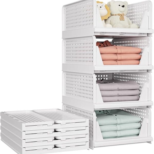 5 Pack Stackable Closet Storage Basket, Multifunctional & Foldable Closet Organizer for Bathroom Kitchen Laundry Room Wardrobe Storage, Space-Saving Clothes Storage Drawer Organizer, White