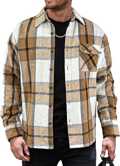 Mens Flannel Shirts Jackets Casual Shackets Button Down Long Sleeve Plaid Shirt Lightweight Jackets with Pockets
