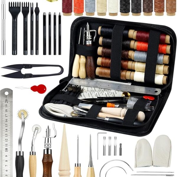Leather Working Tools for Beginners: Professional Leather Craft Kit with Waxed Thread Groover Awl Stitching Punch for Leathercraft Adults