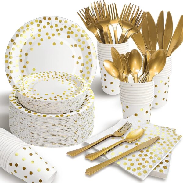 White and Gold Paper Plates Party Supplies for 25 Guests Disposable Party Decorations Dinnerware Golden Dot Paper Plates Napkins Cups Gold Plastic Forks Knives Spoons for Wedding Birthday