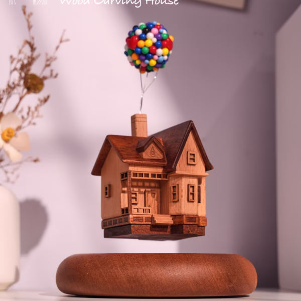 Wooden Floating House Automaton, Magnetic Levitating Rotating House with Balloons, Handmade Wooden Decor, Unique Gift, Wooden Levitating Toy