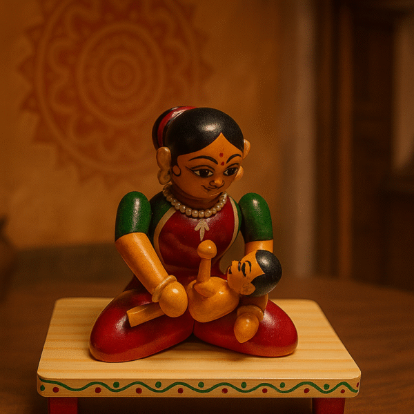 Handcrafted Etikoppaka Wooden Mother & Child Figurine (Sitting)