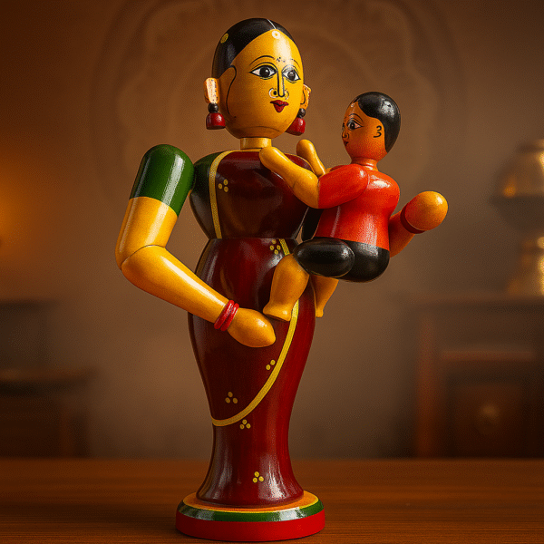 Handcrafted Etikoppaka Wooden Mother & Child Figurine