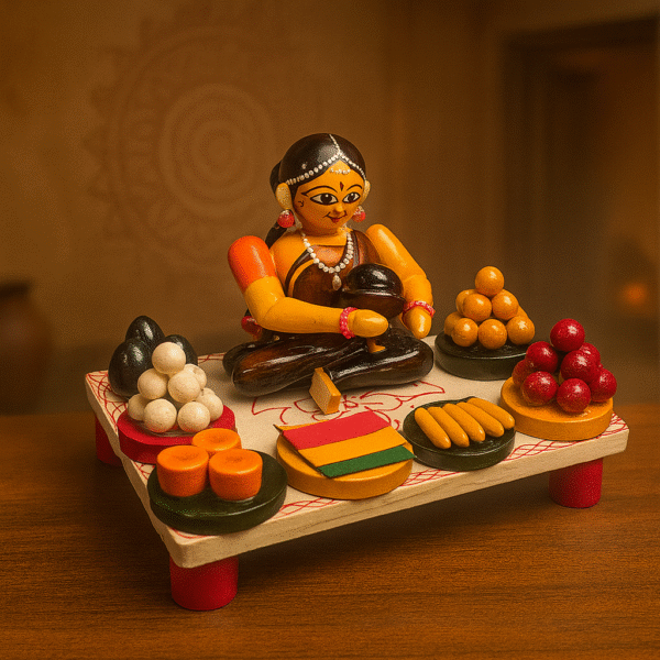 Handcrafted Etikoppaka Wooden Lady with Saree & Sweets Set (Big)